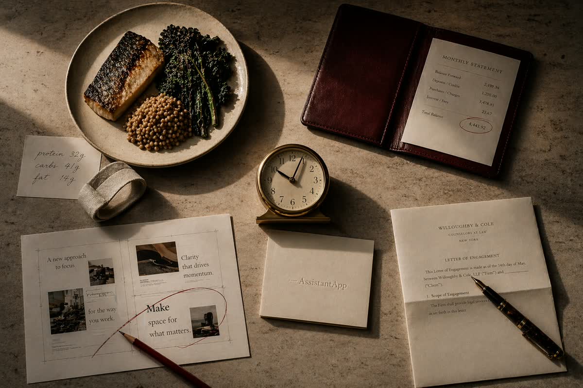 AssistantApp — daily AI assistant on iPhone, an editorial still life of a notebook and a phone in afternoon light