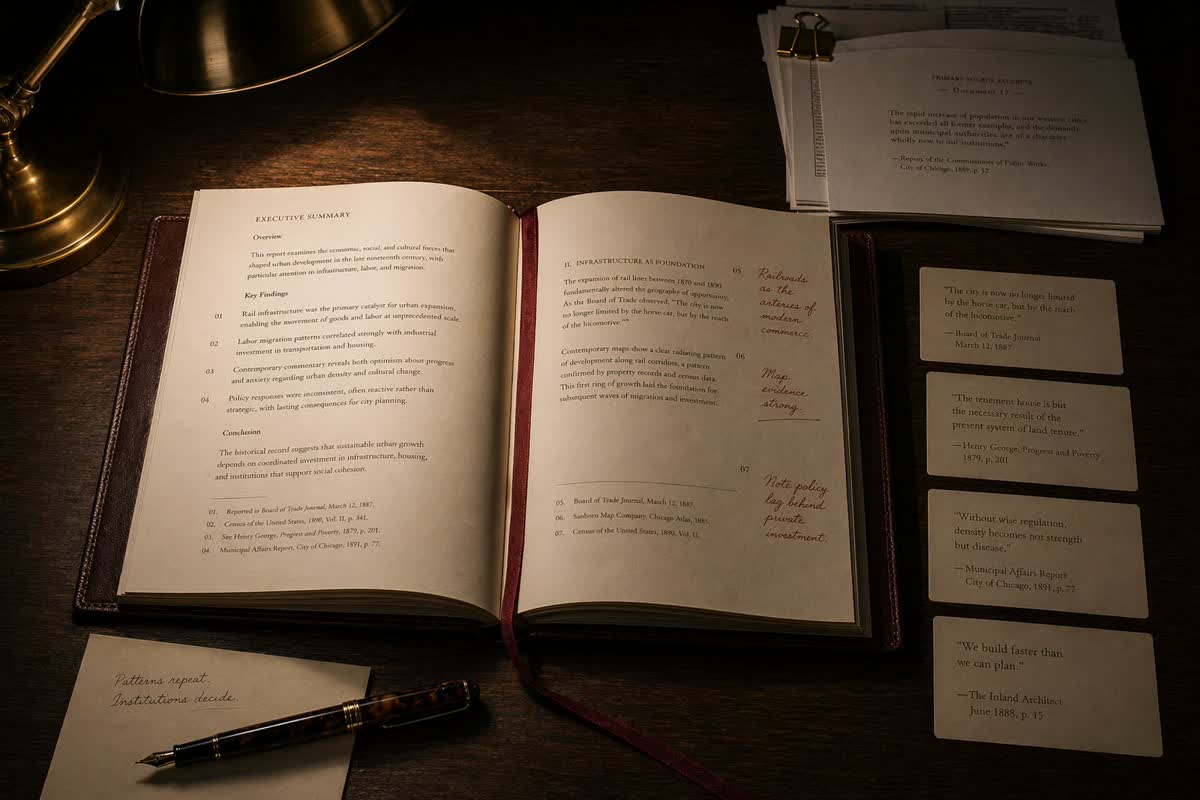 The All Think — research companion, an editorial still of an open journal and reference books on a wooden desk